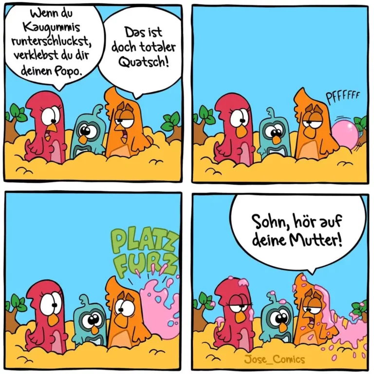 Vier Panel Comic: Rote, blaue und orange Vogelfiguren am Strand. Im ersten Panel warnt die rote Figur vor Kaugummi. Im zweiten spuckt die orange Figur Kaugummi aus. Im dritten platzt ein grosser rosa Kaugummiblasen. Im vierten rügt die rote Figur die orange.