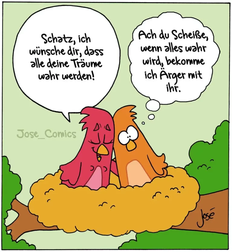 Rotes und oranges Huhn sitzen zusammen auf gelbem Nest, rotes Huhn spricht, oranges Huhn antwortet nachdenklich