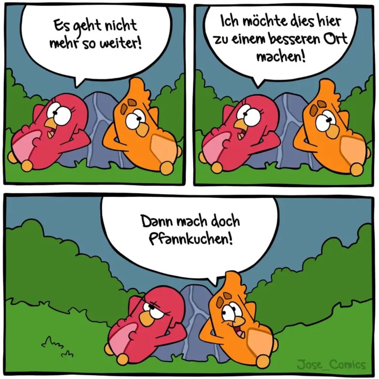 Zwei anthropomorphe Tiere sitzen in der Natur: Das rote Tier beschwert sich, das orange Tier schlägt vor, es an einen besseren Ort zu verlegen, dann antwortet das rote Tier mit einer unerwarteten Lösung.