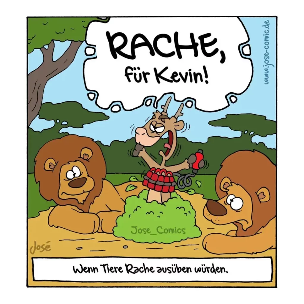 Zwei Hunde liegen im Sand, ein Mensch mit Rucksack ruft 'Rache, für Kevin!' und trägt einen roten Rucksack
