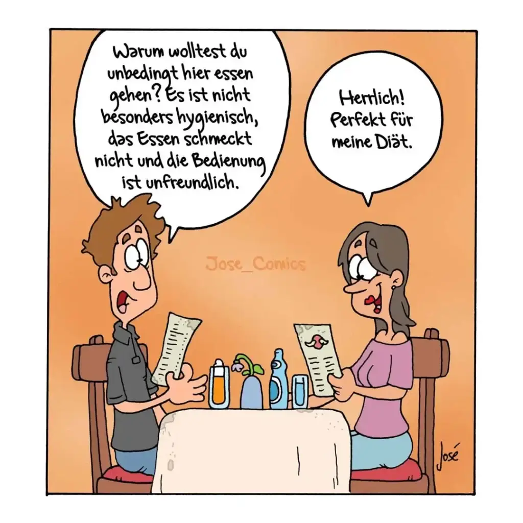 Mann und Frau sitzen sich am Tisch gegenüber, zwischen ihnen Reinigungsmittel und Putztücher. Der Mann hält ein Dokument und wirkt entrüstet.