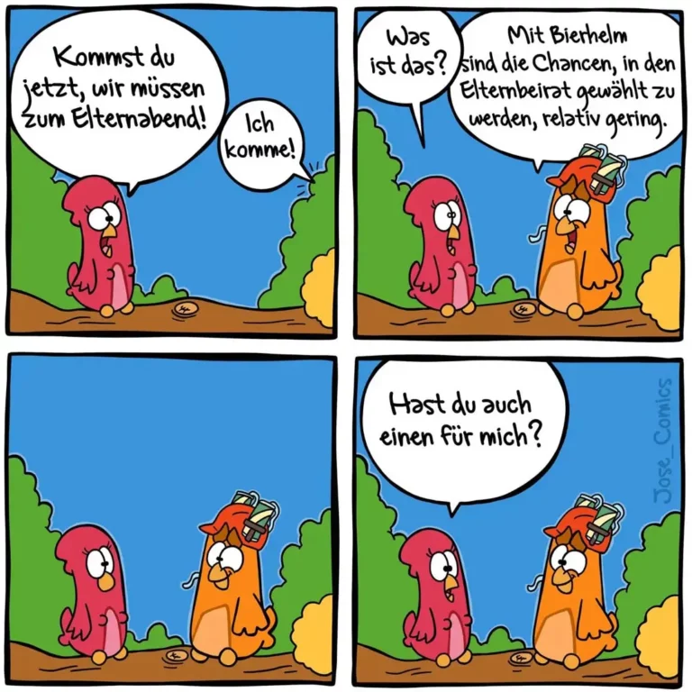 Zwei bunte Vögel im Dialog: Der rote Vogel ruft den orangen Vogel zum Elternabend. Der orange Vogel erklärt die geringen Chancen auf Elternbeirat-Wahl. Im letzten Panel fragt der orange Vogel nach einem Leckerli.