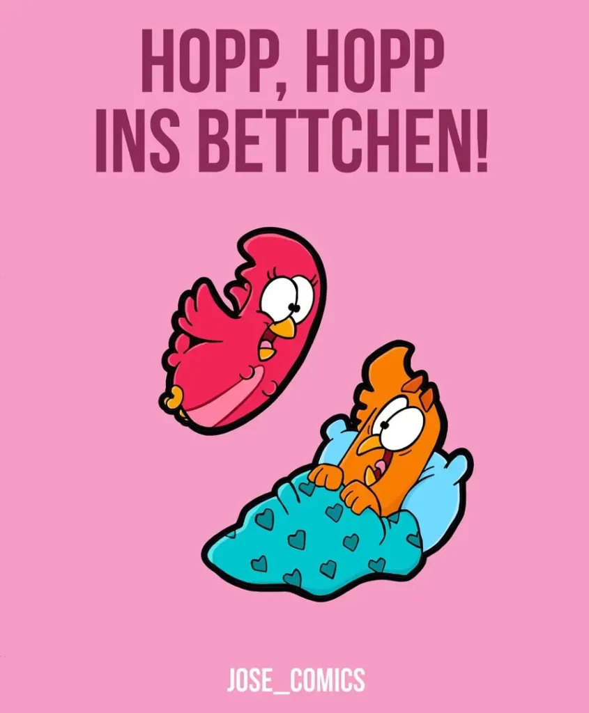Zwei bunte Hunde hüpfen spielerisch nebeneinander, einer rot mit weissen Augen, einer orange auf blauem Untergrund mit Herzchen-Muster