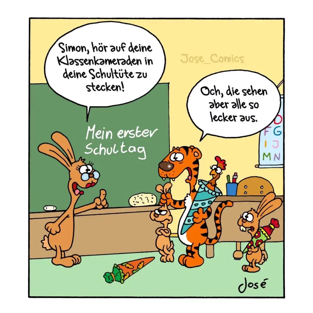 Tiger sitzt im Klassenzimmer an der Schulbank, Lehrer weist ihn zurecht, andere Tiere beobachten die Szene