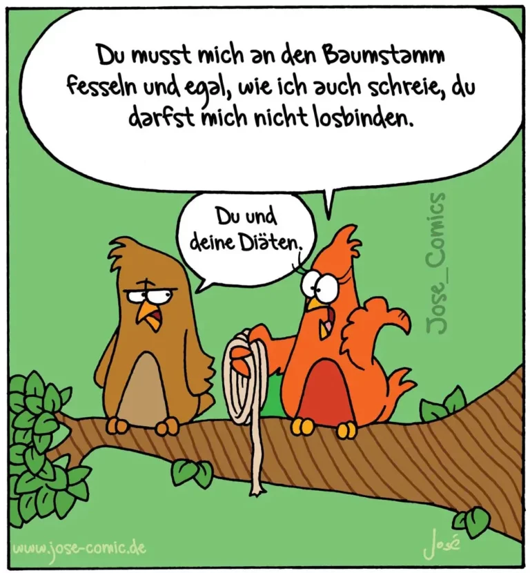Zwei Vögel auf einem Ast: brauner Vogel erklärt dem orangenen Vogel die Regeln zum Festhalten am Baumstamm, der orange Vogel antwortet trocken