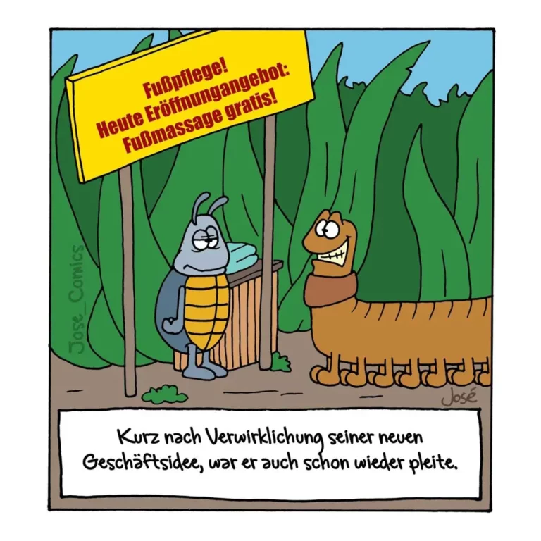 Käfer mit Schild bewirbt Fussmassage-Angebot, Hund schaut begeistert zu und läuft eilig davon