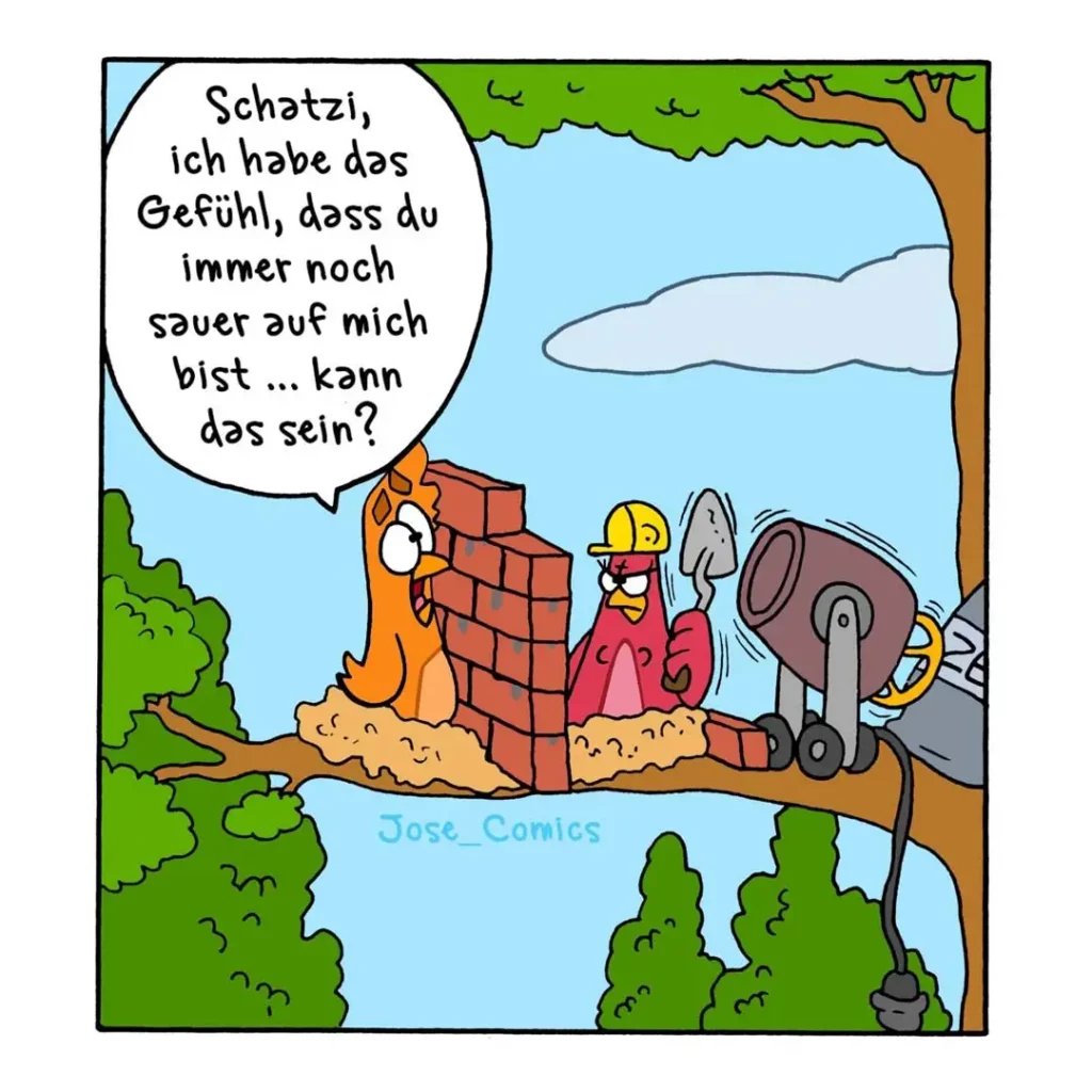 Orangefarbener Hund sitzt neben Bauarbeitern an einer Baustelle und sagt: Schatzi, ich habe das Gefühl, dass du immer noch sauer auf mich bist