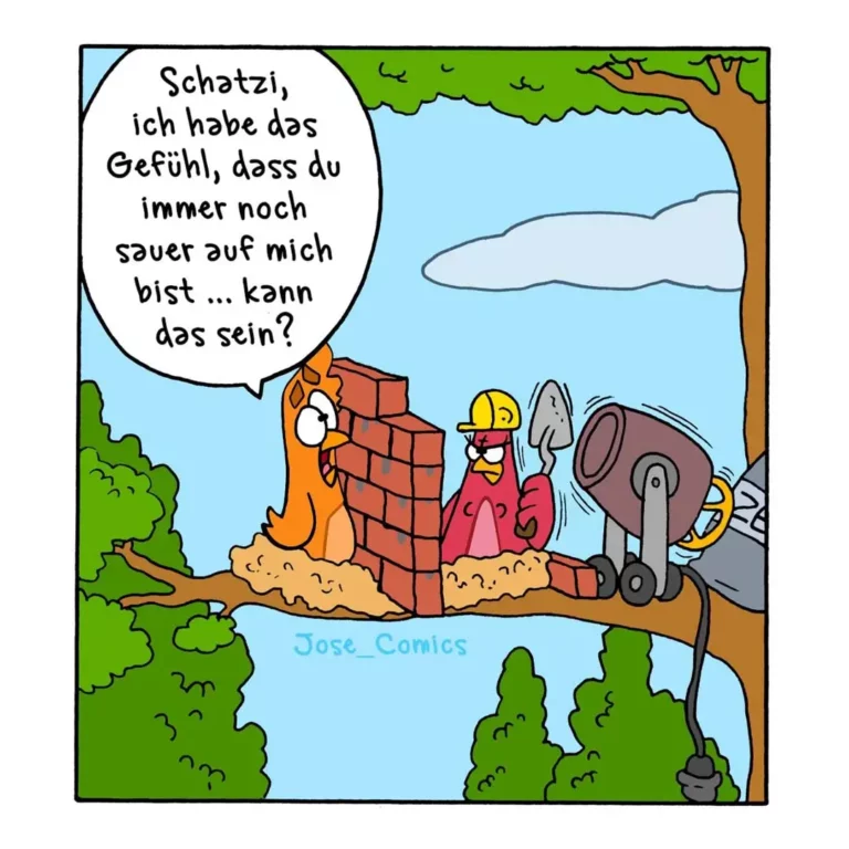 Orangefarbener Hund sitzt neben Bauarbeitern an einer Baustelle und sagt: Schatzi, ich habe das Gefühl, dass du immer noch sauer auf mich bist