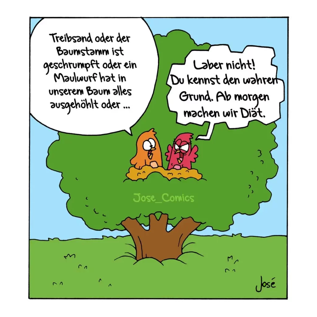 Zwei bunte Charaktere in einem Baum sitzen sich gegenüber. Der orange Charakter spricht, der rote Charakter antwortet abweisend.