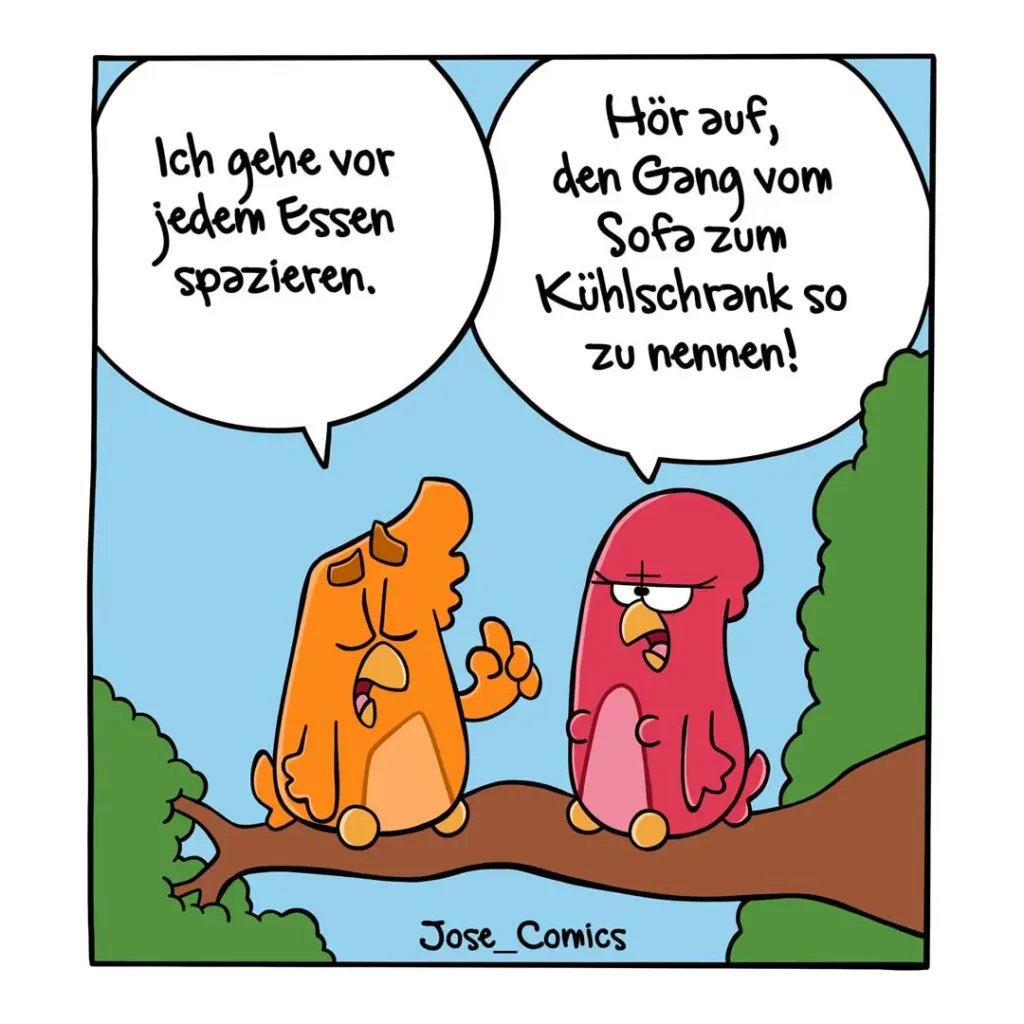 Zwei bunte Vögel sitzen auf einem Ast: Orange und Rosa. Der orange spricht, der rosa antwortet genervt.
