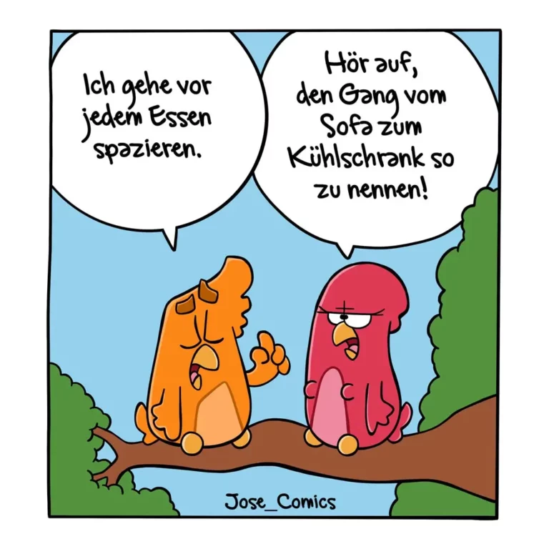 Zwei bunte Vögel sitzen auf einem Ast: Orange und Rosa. Der orange spricht, der rosa antwortet genervt.