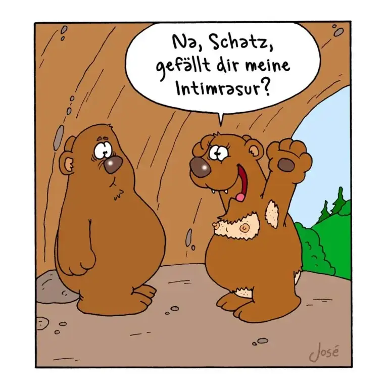 Zwei braune Hunde im Regen unter einem Baum. Der rechte Hund fragt den linken: «Na, Schatz, gefällt dir meine Intimrasur?»