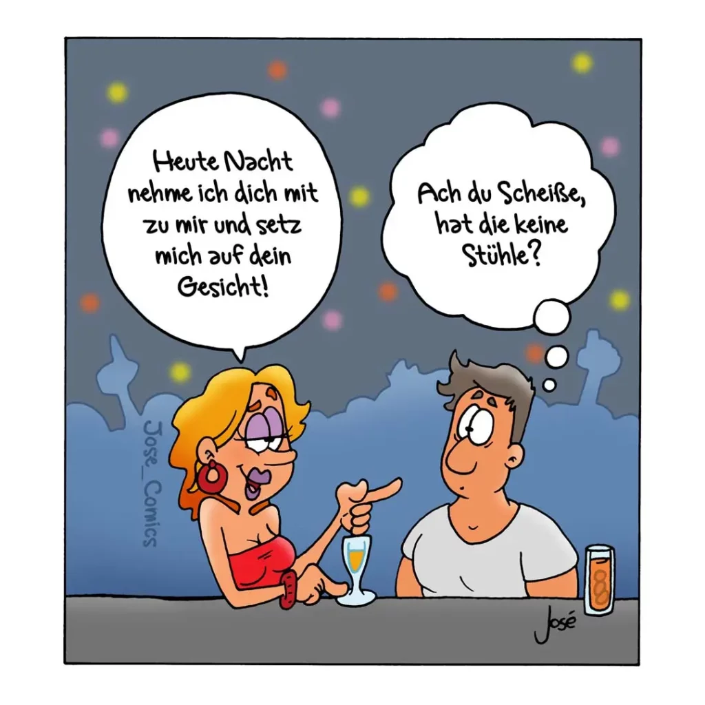 Frau mit orangem Haar sitzt neben Mann an Tresen, hält Champagnerglas, deutet auf sein Gesicht