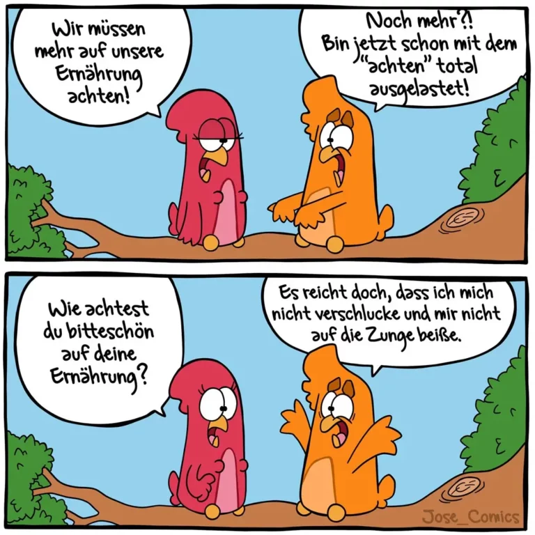 Zwei anthropomorphe Würstchen im Gespräch: Das rote sagt «Wir müssen mehr auf unsere Ernährung achten», das orange antwortet genervt «Noch mehr?! Bin jetzt schon mit dem ‹achten› total ausgelastet!»
