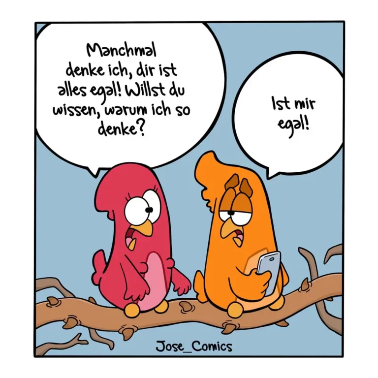 Zwei bunte Vögel sitzen auf einem Ast. Der rote Vogel schaut nachdenklich und hält ein Smartphone, der orange Vogel antwortet mit leerem Blick.