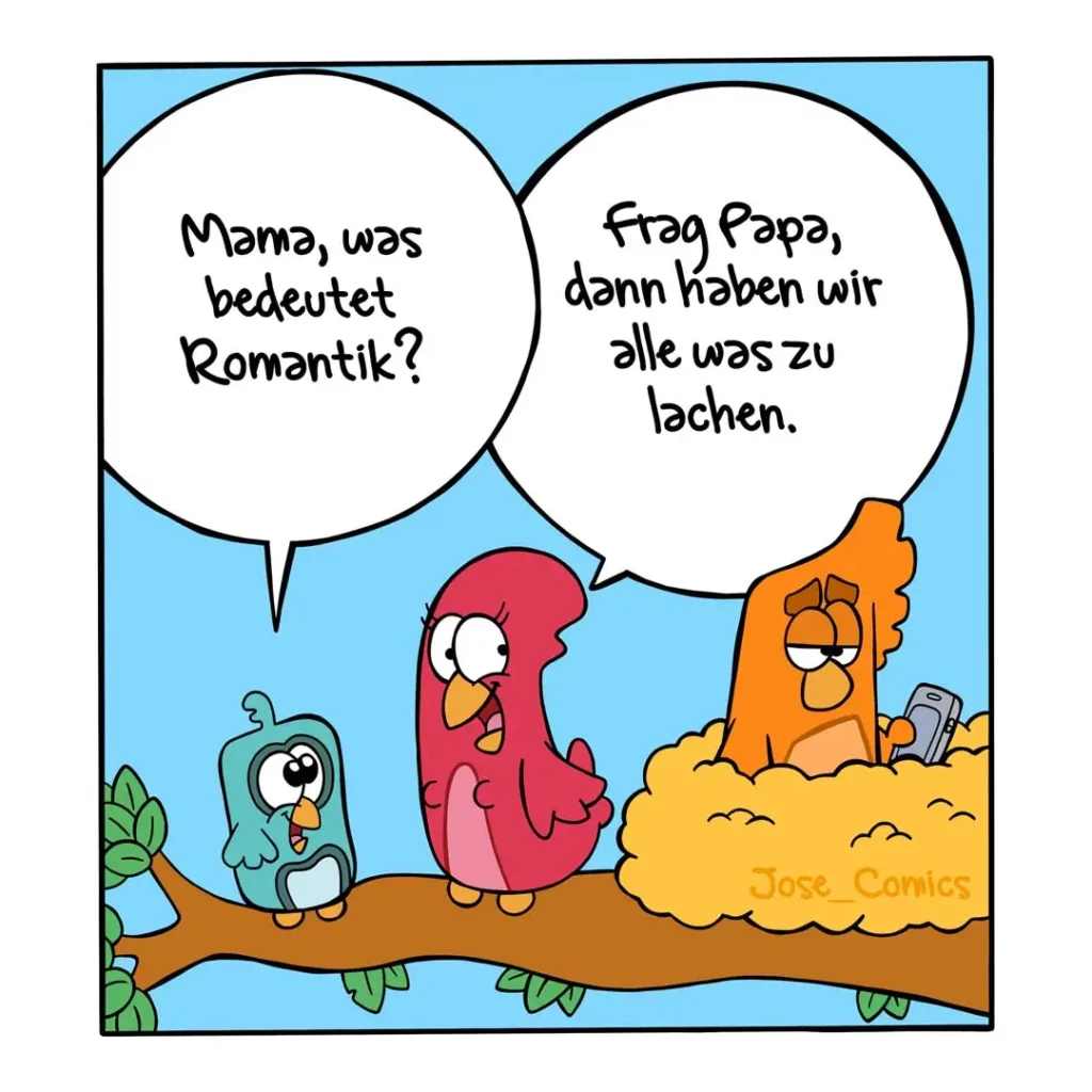 Drei bunte Vögel auf einem Ast: grüner Vogel fragt die rote Vogelmama, orange Vogel antwortet vom Sandhügel