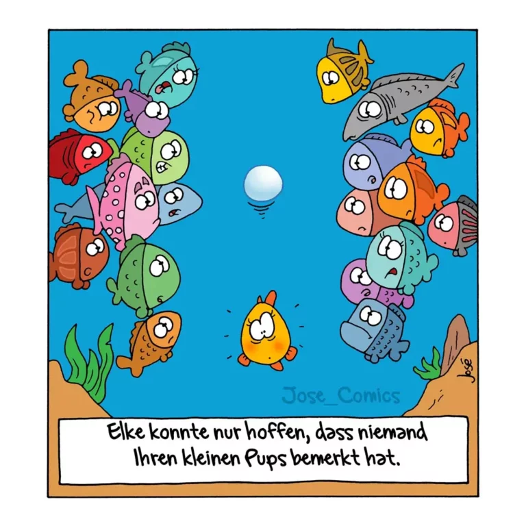 Underwater scene: small orange fish surrounded by colorful larger fish on left and right, small fish in center looking worried, white bubble above