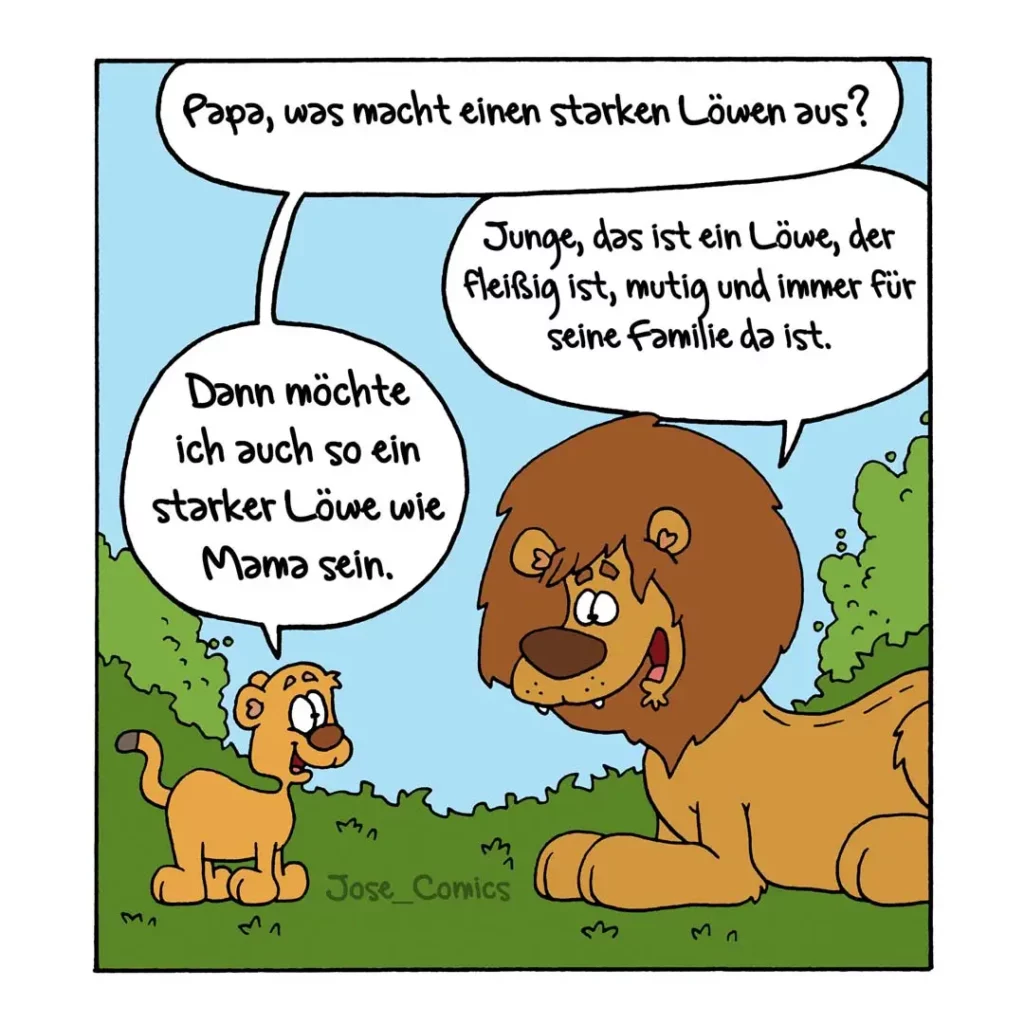 Kleiner Hund fragt grossen Hund, was ihn stark macht. Grosser Hund antwortet lachend.