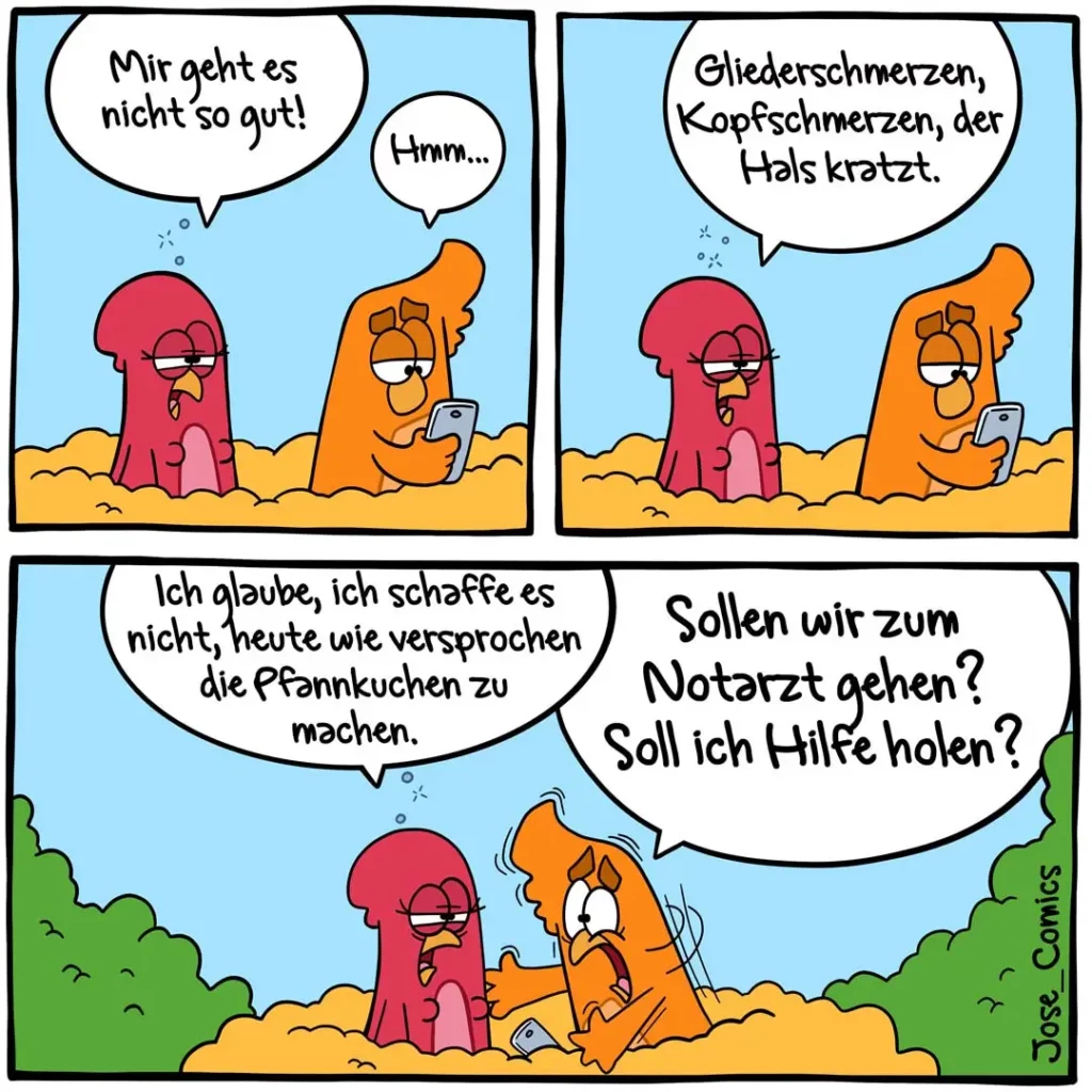 Rote und orange Vogelfiguren im Comic: Links beschwert sich der rote Vogel über Unwohlsein, rechts diagnostiziert der orange Vogel Symptome, unten plant der rote Vogel Pfannkuchen zu backen während der orange Vogel hilft.