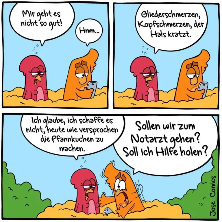 Rote und orange Vogelfiguren im Comic: Links beschwert sich der rote Vogel über Unwohlsein, rechts diagnostiziert der orange Vogel Symptome, unten plant der rote Vogel Pfannkuchen zu backen während der orange Vogel hilft.
