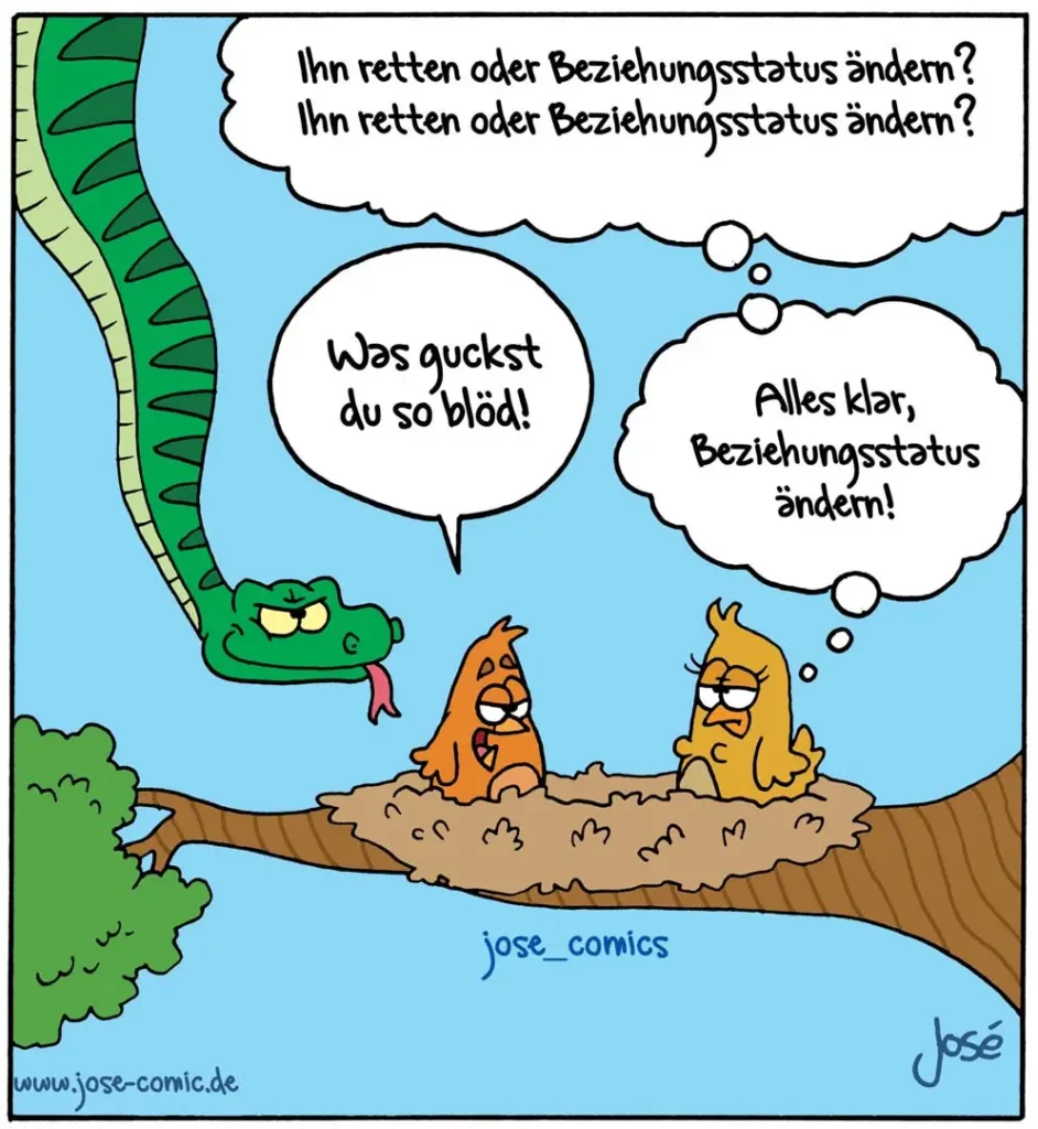 Grüne Schlange hängt von Baum herab, zwei bunte Vögel sitzen auf Ast, Schlange fragt wiederholt nach Beziehungsstatus, ein Vogel antwortet genervt