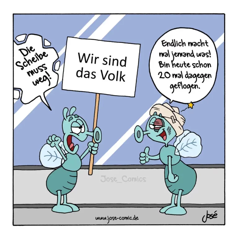 Zwei Viren protestieren mit Plakat: Eine trägt Schild «Wir sind das Volk», die andere sagt «Endlich macht mal jemand was! Bin heute schon 20mal dagegen geflogen.»