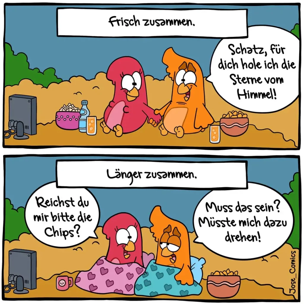 Zwei Vögel sitzen zusammen: oben halten sie sich an den Händen beim Filmschauen, unten kuscheln sie unter Decken auf der Couch