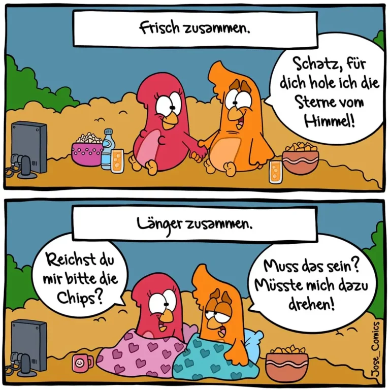 Zwei Vögel sitzen zusammen: oben halten sie sich an den Händen beim Filmschauen, unten kuscheln sie unter Decken auf der Couch