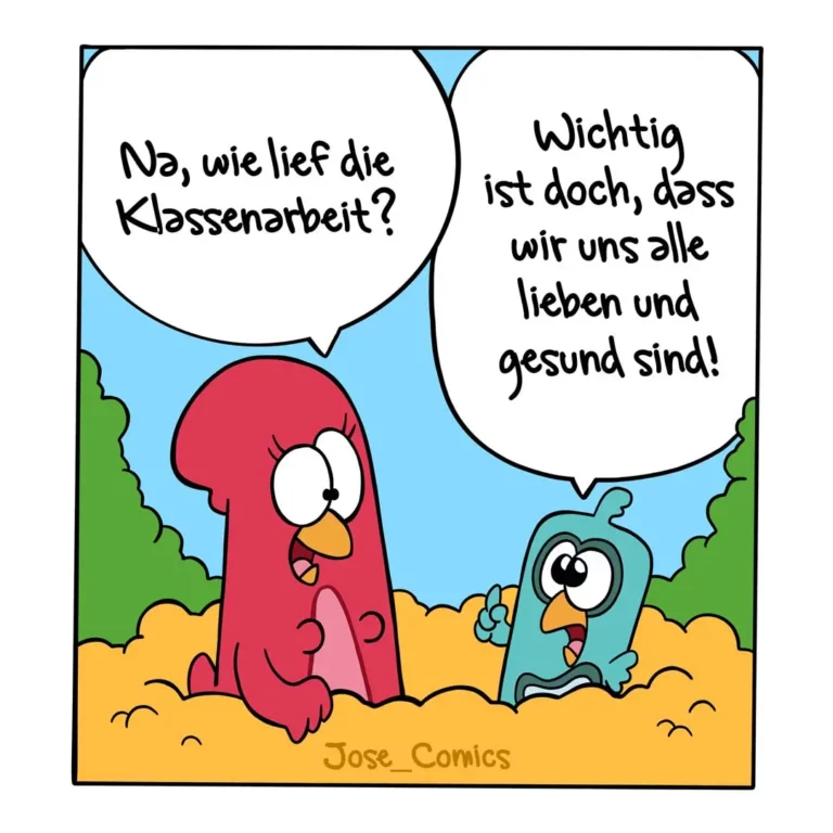 Roter Vogel fragt blauen Vogel nach Klassenarbeit, blauer Vogel antwortet glücklich, dass alle gesund und munter sind