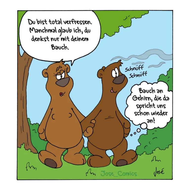 Zwei braune Bären in einer Waldlichtung: Der linke spricht zum rechten, dieser schnüffelt konzentriert in der Luft