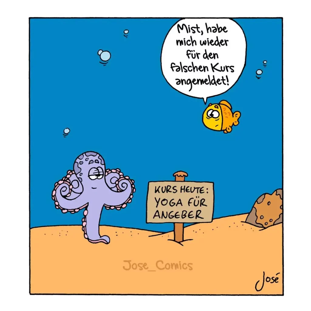 Lila Krake am Meeresboden sieht Schild 'Yoga für Anfänger', gelber Fisch schwimmt oben vorbei und sagt etwas