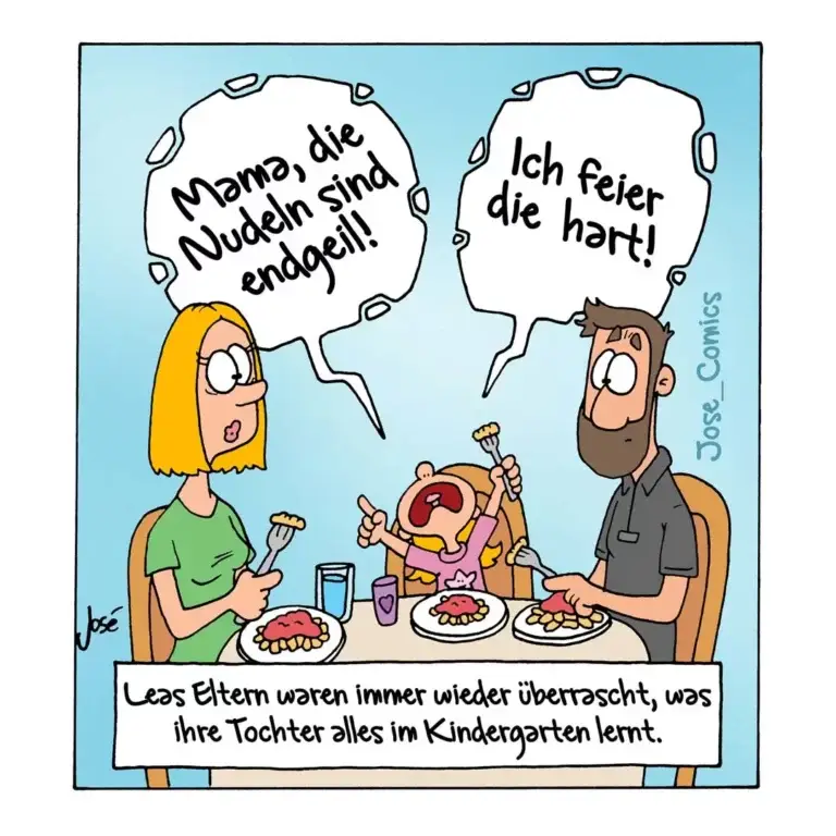 Eltern beim Essen am Tisch: Mutter sagt «Mama, die Nudeln sind endgeil!», Vater antwortet «Ich feier die hart!» und schaut auf ihr Kind zwischen ihnen