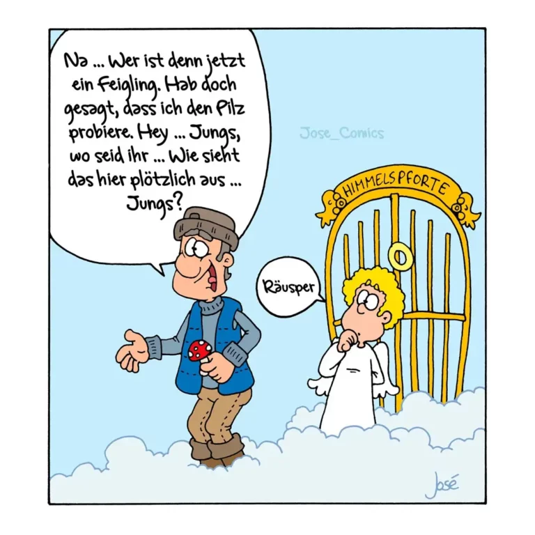 Mann in blauer Jacke steht vor Himmelspforte und fragt einen Engel ratlos, wer ein Feigling ist