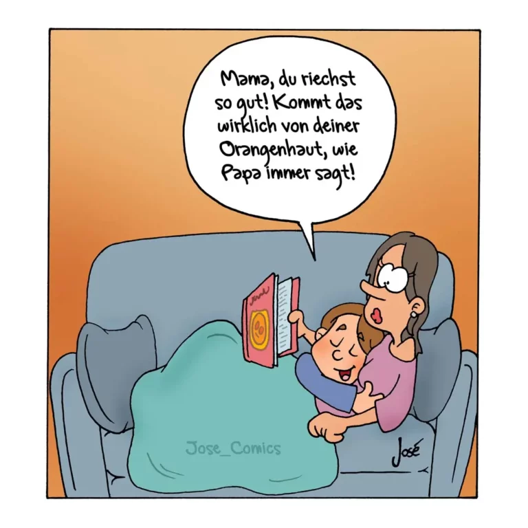 Mutter sitzt mit Kind auf Sofa, Kind hält Buch, Mutter spricht in Sprechblase