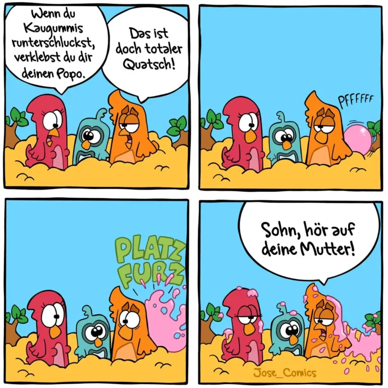 Vier bunte Vogel-Charaktere im Sand: Roter Vogel erklärt orangem Vogel etwas, dieser pustet eine rosa Blase auf, die platzt und alle drei bespritzen