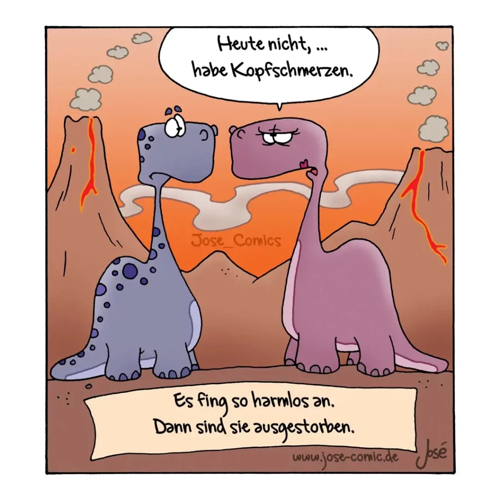 Zwei Dinosaurier in vulkanischer Landschaft: Blauer Dino mit besorgtem Blick sagt zu rosa Dino mit geschlossenen Augen, im Hintergrund aktive Vulkane