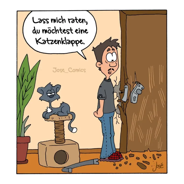 Mann steht in Wohnzimmer neben Kratzbrett mit zwei Katzen, schaut gestresst auf zerkratzte Wand und Möbel