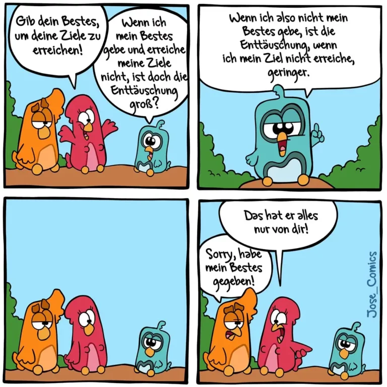 Vier-Panel-Comic: Zwei Hunde raten einem kleineren Hund, sein Bestes zu geben. Der kleine Hund argumentiert logisch dagegen, geben dann alle gemeinsam auf.