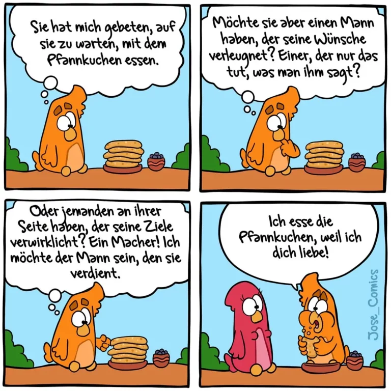 Orangefarbener Vogel denkt über einen idealen Partner nach, während er Pfannkuchen isst. Ein roter Vogel erscheint und sagt, er esse Pfannkuchen, weil er den orangefarbenen Vogel liebe.