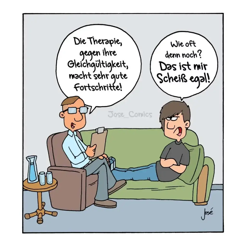 Therapeut sitzt im Sessel mit Klemmbrett, Patient auf grünem Sofa antwortet verärgert auf Frage zur Therapie-Häufigkeit