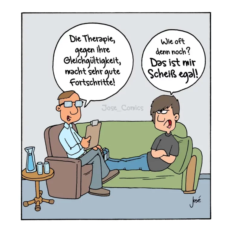 Therapeut sitzt im Sessel mit Klemmbrett, Patient auf grünem Sofa antwortet verärgert auf Frage zur Therapie-Häufigkeit