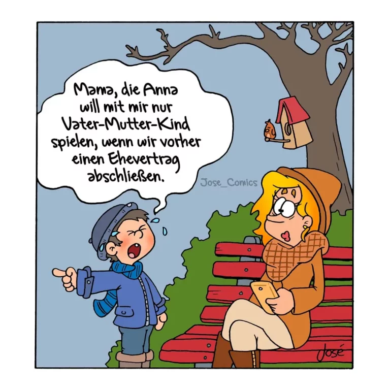 Kind in blauer Jacke zeigt auf Frau auf Bank, die mit Hund spielen will, Baumhaus im Hintergrund