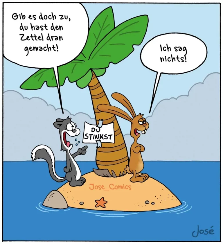 Auf einer Insel: Eichhörnchen hält Schild mit 'STINKST', Kaninchen sagt 'Ich sag nichts', Palme im Hintergrund