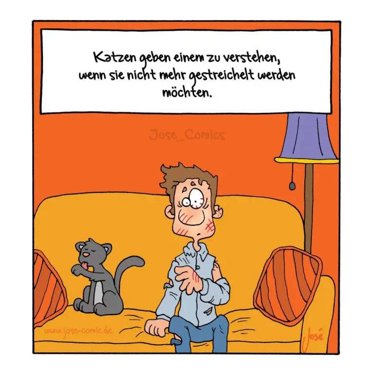 Mann sitzt auf gelbem Sofa neben grauer Katze, die ihn anschaut, während er nervös seine Hände wrings