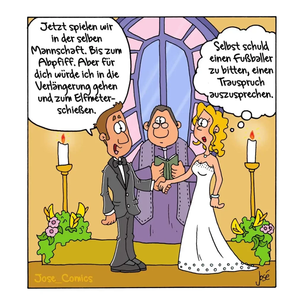 Priester traut zwei Menschen vor Altar, einer der Ehepartner denkt an Fussball und einen Trauspruch.