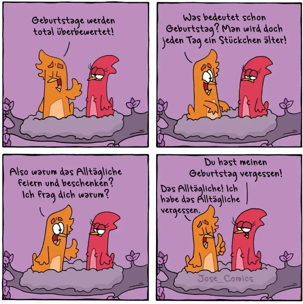 Zwei Cartoon-Hunde auf einer Wolke: orange Hund beschwert sich über Geburtstage, roter Hund erklärt, dass man jeden Tag älter wird