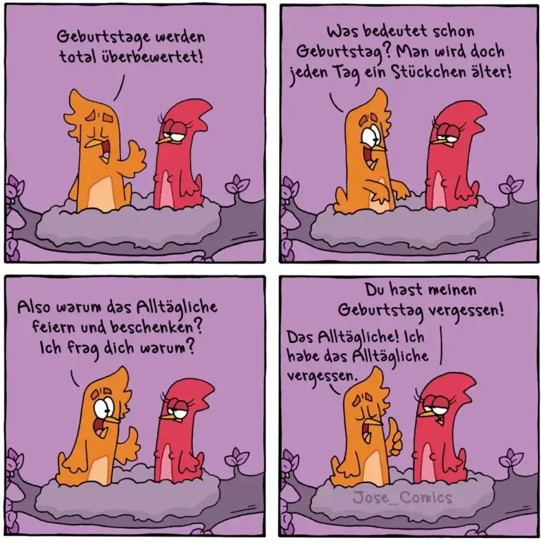 Zwei Cartoon-Hunde auf einer Wolke: orange Hund beschwert sich über Geburtstage, roter Hund erklärt, dass man jeden Tag älter wird