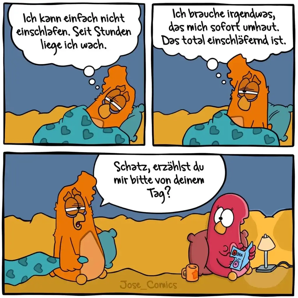 Orangefarbener Hund liegt wach im Bett und kann nicht schlafen, rote Figur sitzt lesend daneben mit Lampe