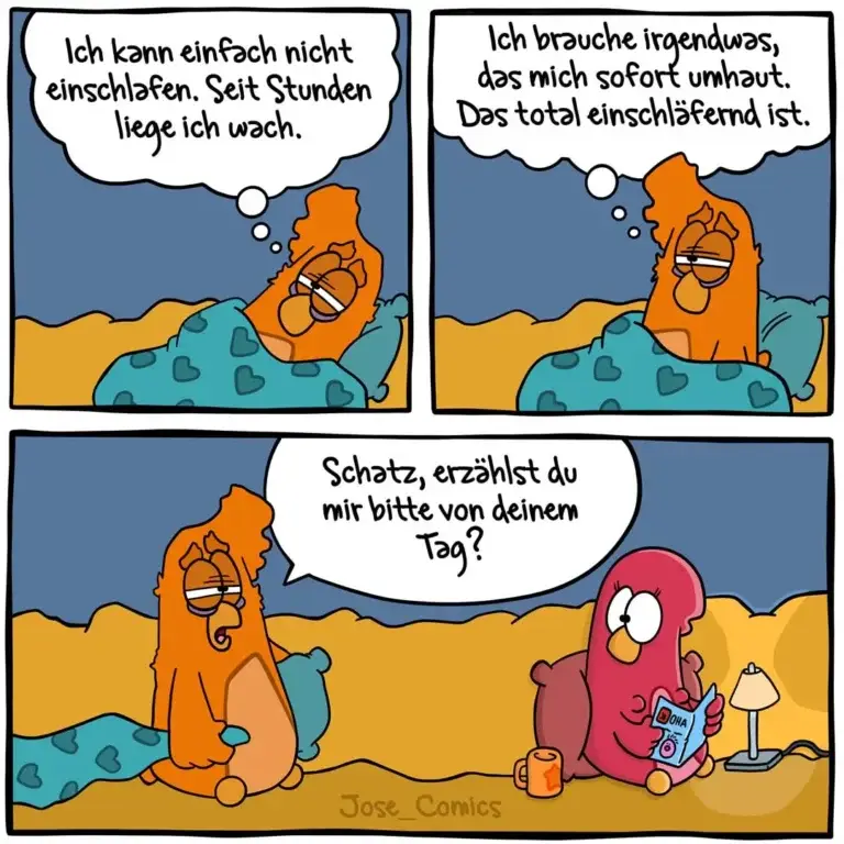 Orangefarbener Hund liegt wach im Bett und kann nicht schlafen, rote Figur sitzt lesend daneben mit Lampe