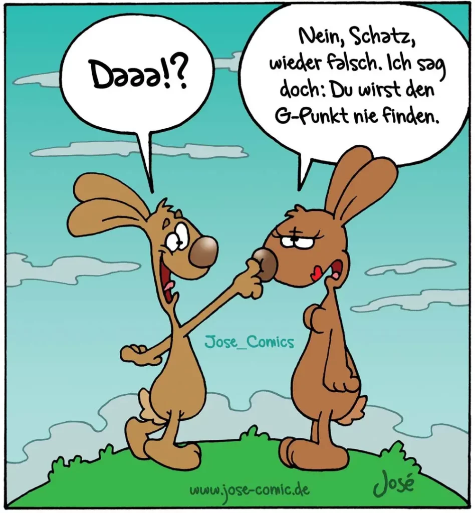 Zwei Kaninchen unterhalten sich: Das linke sagt «Daaa!?», das rechte antwortet mit erhobenem Finger.